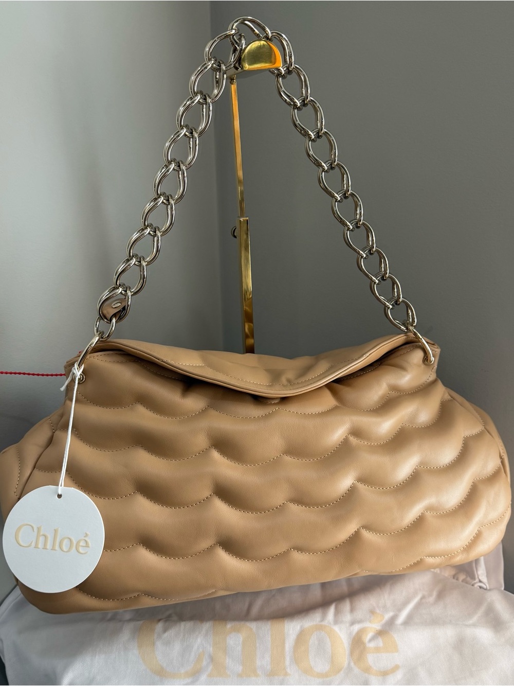 Chloé Tan Quilted Leather Shoulder Bag with chain strap